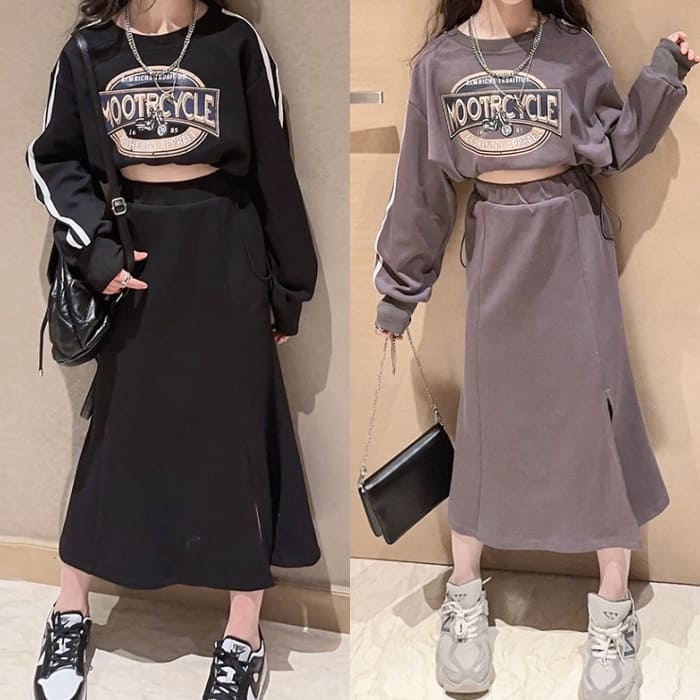 小学生 女の子 セットアップ キッズ クロップド丈 ロゴ 2点セット 長袖 春秋 通学 ガーリーダンス 韓国 トレーナー スカート カジュアル おしゃれ 