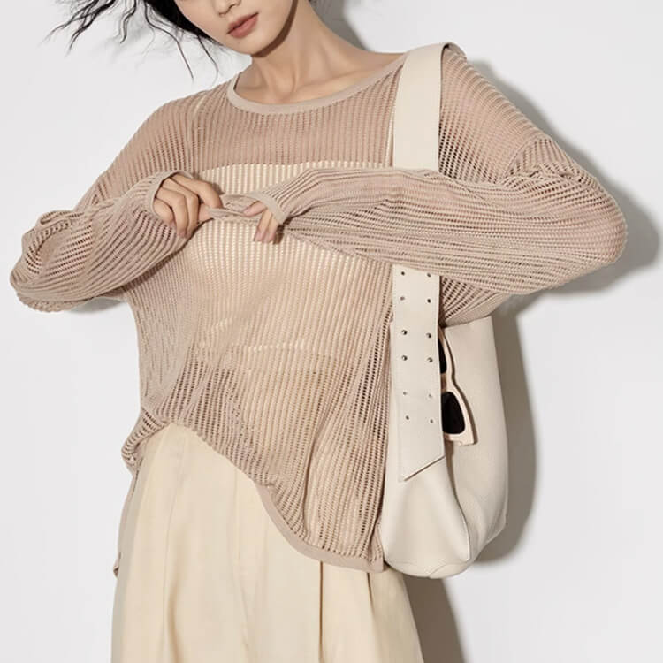 トップス レディース 韓国 長袖 透かし編み ニット 編み 透け感 クルーネック シアートップス ゆったり メッシュ Ｔシャツ おしゃれ シースルー 