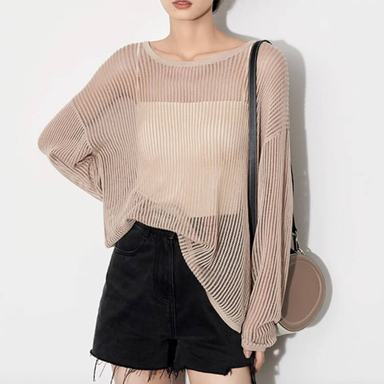 トップス レディース 韓国 長袖 透かし編み ニット 編み 透け感 クルーネック シアートップス ゆったり メッシュ Ｔシャツ おしゃれ シースルー 