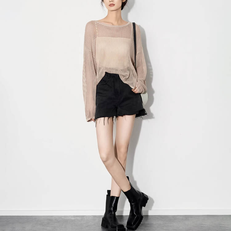 トップス レディース 韓国 長袖 透かし編み ニット 編み 透け感 クルーネック シアートップス ゆったり メッシュ Ｔシャツ おしゃれ シースルー 