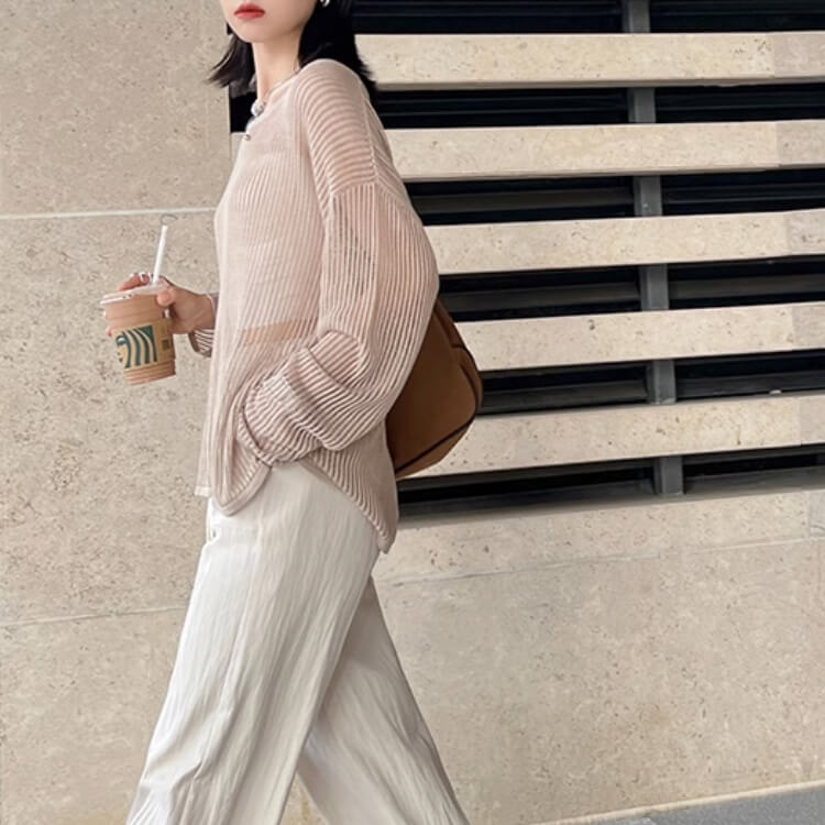 トップス レディース 韓国 長袖 透かし編み ニット 編み 透け感 クルーネック シアートップス ゆったり メッシュ Ｔシャツ おしゃれ シースルー 