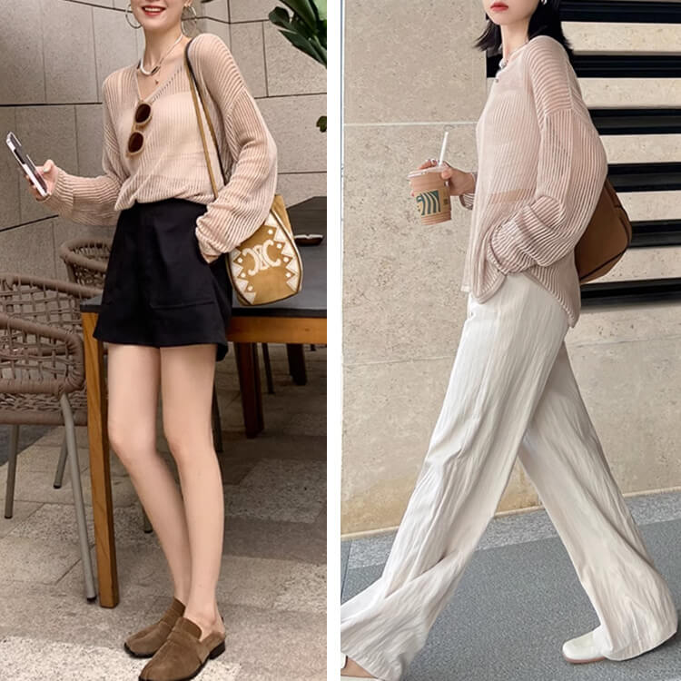 トップス レディース 韓国 長袖 透かし編み ニット 編み 透け感 クルーネック シアートップス ゆったり メッシュ Ｔシャツ おしゃれ シースルー 