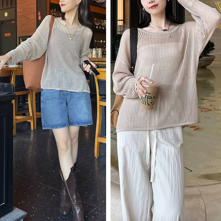 トップス レディース 韓国 長袖 透かし編み ニット 編み 透け感 クルーネック シアートップス ゆったり メッシュ Ｔシャツ おしゃれ シースルー 