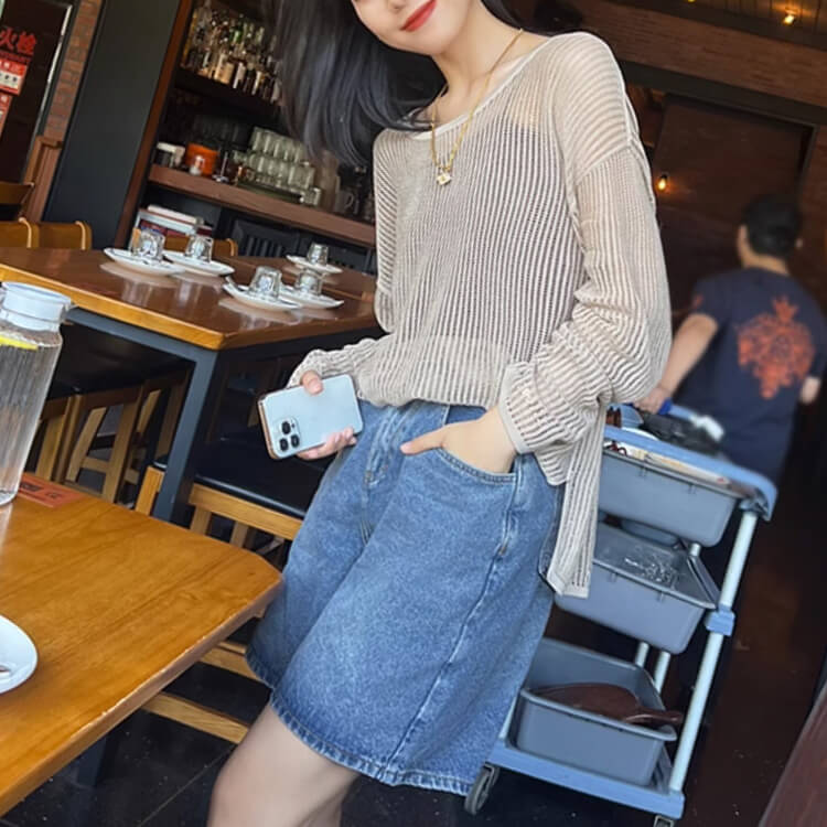 トップス レディース 韓国 長袖 透かし編み ニット 編み 透け感 クルーネック シアートップス ゆったり メッシュ Ｔシャツ おしゃれ シースルー 