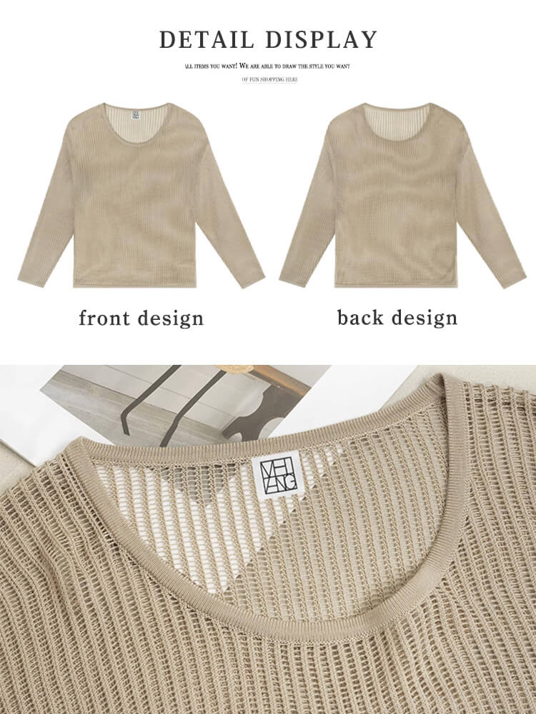 トップス レディース 韓国 長袖 透かし編み ニット 編み 透け感 クルーネック シアートップス ゆったり メッシュ Ｔシャツ おしゃれ シースルー 