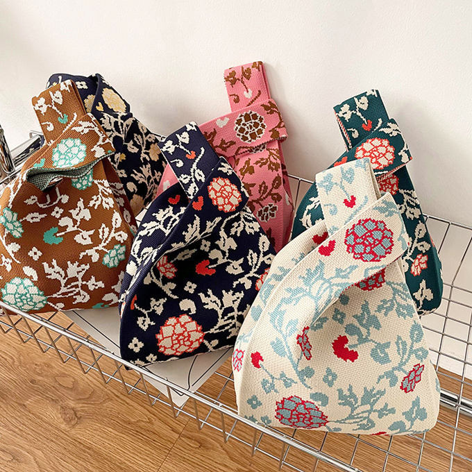 選べる65柄 レディース ニット ミニトート 編み トートバッグ ジャガード編みバッグ バッグ ニットバッグ 小さめ 厚手 フラワー 花柄 大きな柄 マルシェバック 