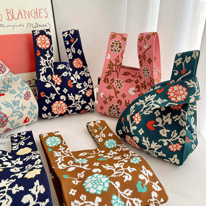 選べる65柄 レディース ニット ミニトート 編み トートバッグ ジャガード編みバッグ バッグ ニットバッグ 小さめ 厚手 フラワー 花柄 大きな柄 マルシェバック 