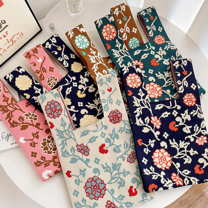 選べる65柄 レディース ニット ミニトート 編み トートバッグ ジャガード編みバッグ バッグ ニットバッグ 小さめ 厚手 フラワー 花柄 大きな柄 マルシェバック 