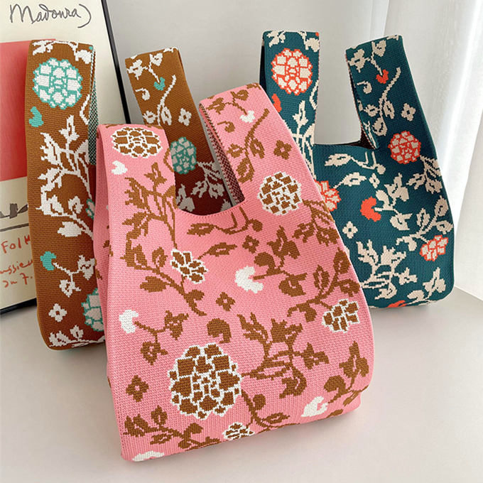 選べる65柄 レディース ニット ミニトート 編み トートバッグ ジャガード編みバッグ バッグ ニットバッグ 小さめ 厚手 フラワー 花柄 大きな柄 マルシェバック 