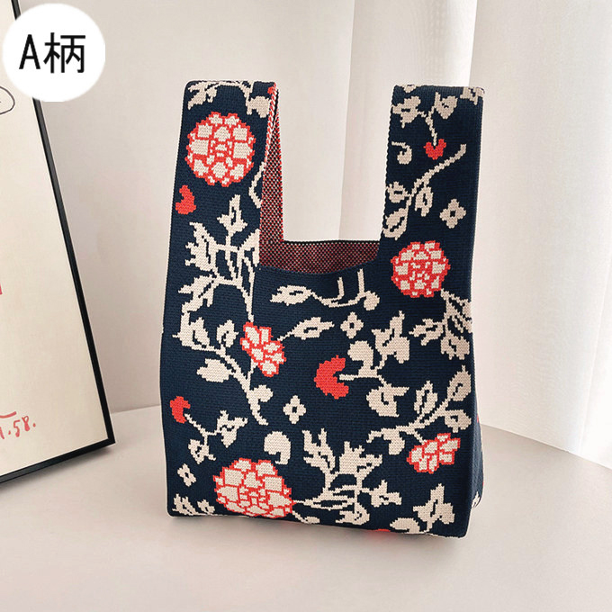 選べる65柄 レディース ニット ミニトート 編み トートバッグ ジャガード編みバッグ バッグ ニットバッグ 小さめ 厚手 フラワー 花柄 大きな柄 マルシェバック 