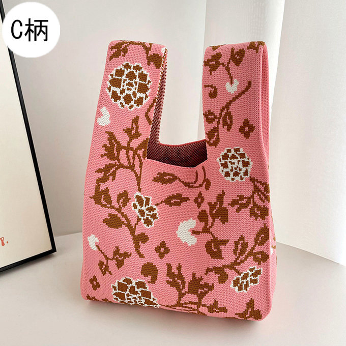 選べる65柄 レディース ニット ミニトート 編み トートバッグ ジャガード編みバッグ バッグ ニットバッグ 小さめ 厚手 フラワー 花柄 大きな柄 マルシェバック 