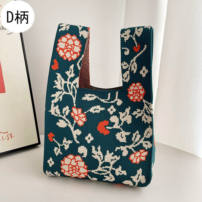 選べる65柄 レディース ニット ミニトート 編み トートバッグ ジャガード編みバッグ バッグ ニットバッグ 小さめ 厚手 フラワー 花柄 大きな柄 マルシェバック 