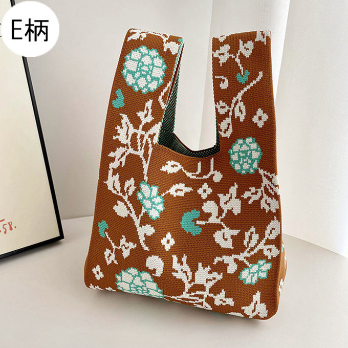 選べる65柄 レディース ニット ミニトート 編み トートバッグ ジャガード編みバッグ バッグ ニットバッグ 小さめ 厚手 フラワー 花柄 大きな柄 マルシェバック 