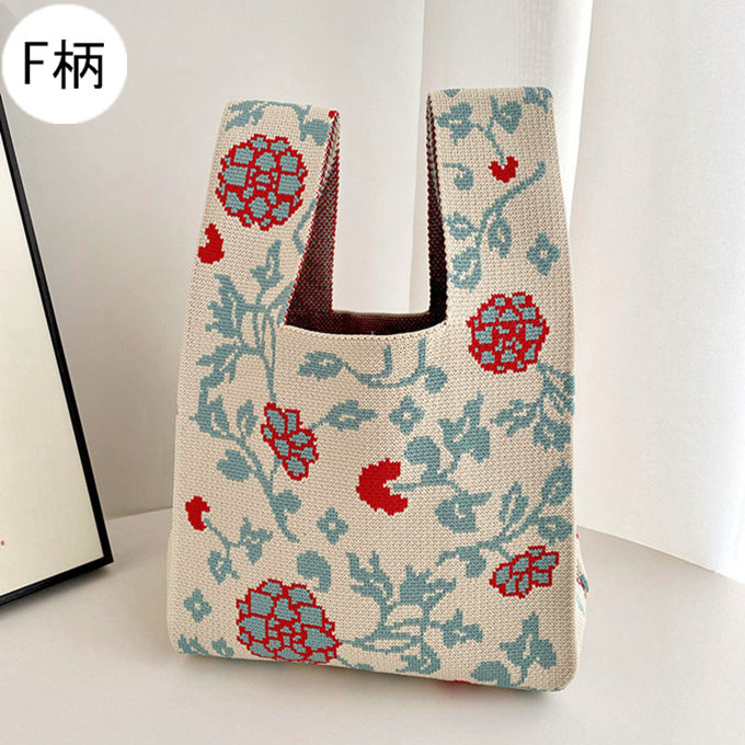 選べる65柄 レディース ニット ミニトート 編み トートバッグ ジャガード編みバッグ バッグ ニットバッグ 小さめ 厚手 フラワー 花柄 大きな柄 マルシェバック 