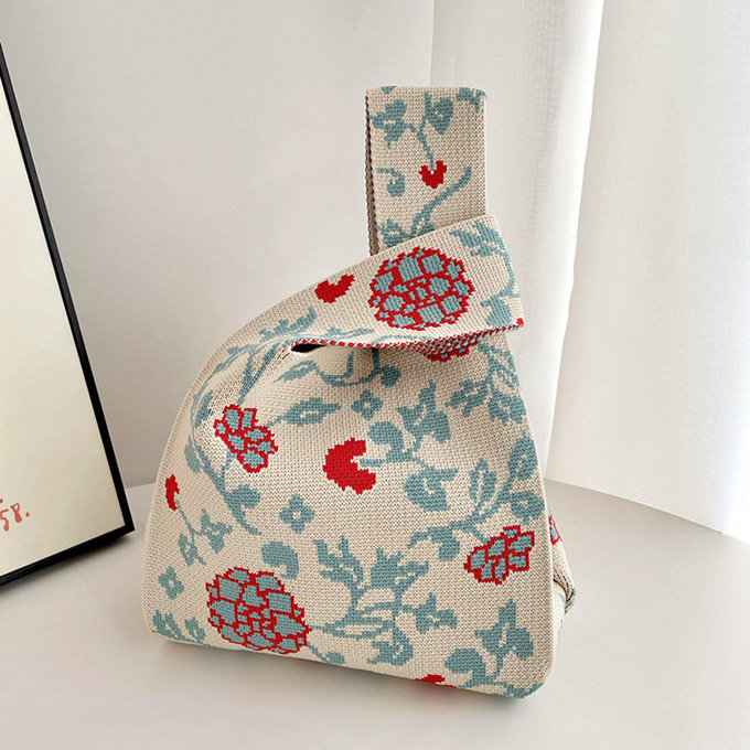 選べる65柄 レディース ニット ミニトート 編み トートバッグ ジャガード編みバッグ バッグ ニットバッグ 小さめ 厚手 フラワー 花柄 大きな柄 マルシェバック 