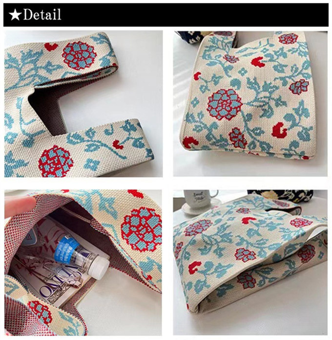 選べる65柄 レディース ニット ミニトート 編み トートバッグ ジャガード編みバッグ バッグ ニットバッグ 小さめ 厚手 フラワー 花柄 大きな柄 マルシェバック 