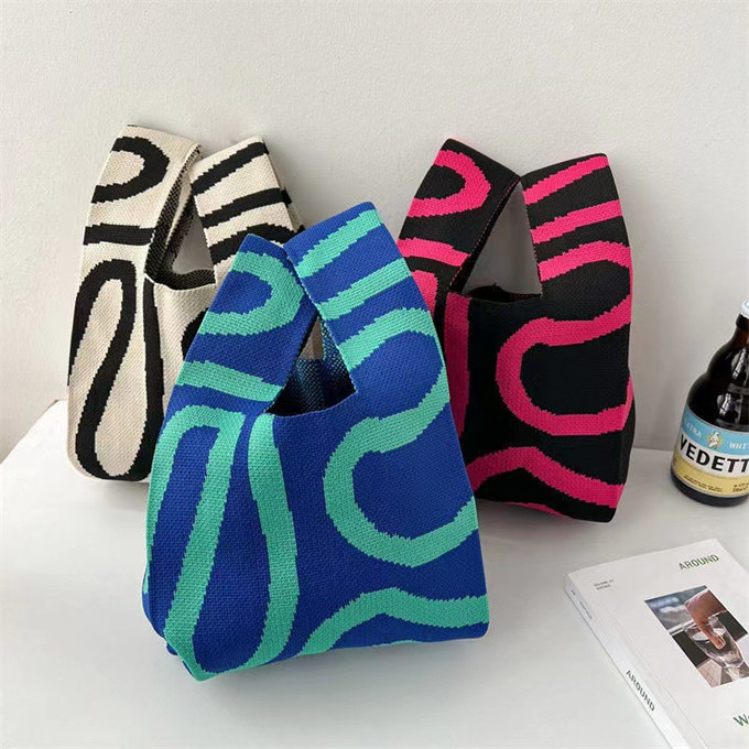 選べる65柄 ニット バッグ ミニ トートバッグ ニットバッグ 大きな柄 斜め ボーダー スタライプ レディース ライン ミニトート 小さめ マルシェバック バイアス 