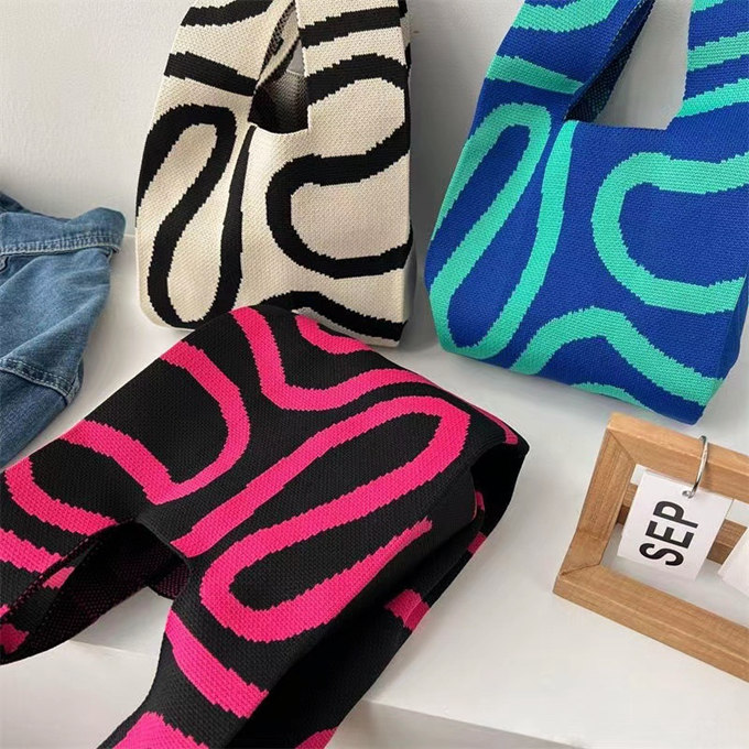 選べる65柄 ニット バッグ ミニ トートバッグ ニットバッグ 大きな柄 斜め ボーダー スタライプ レディース ライン ミニトート 小さめ マルシェバック バイアス 