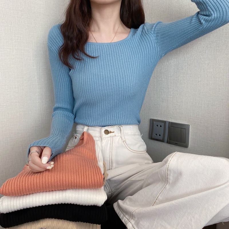 リブニット レディース スクエアネック 長袖 セーター 春 ニット 冬 きれいめ ストレッチ トップス シンプル 高伸縮 薄手 秋 インナー 着回し力 