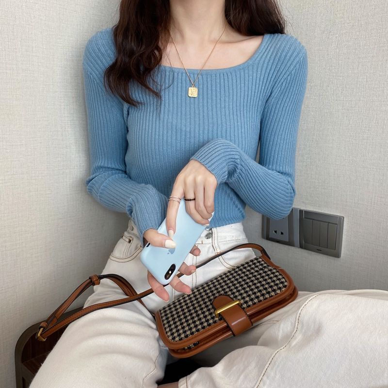 リブニット レディース スクエアネック 長袖 セーター 春 ニット 冬 きれいめ ストレッチ トップス シンプル 高伸縮 薄手 秋 インナー 着回し力 