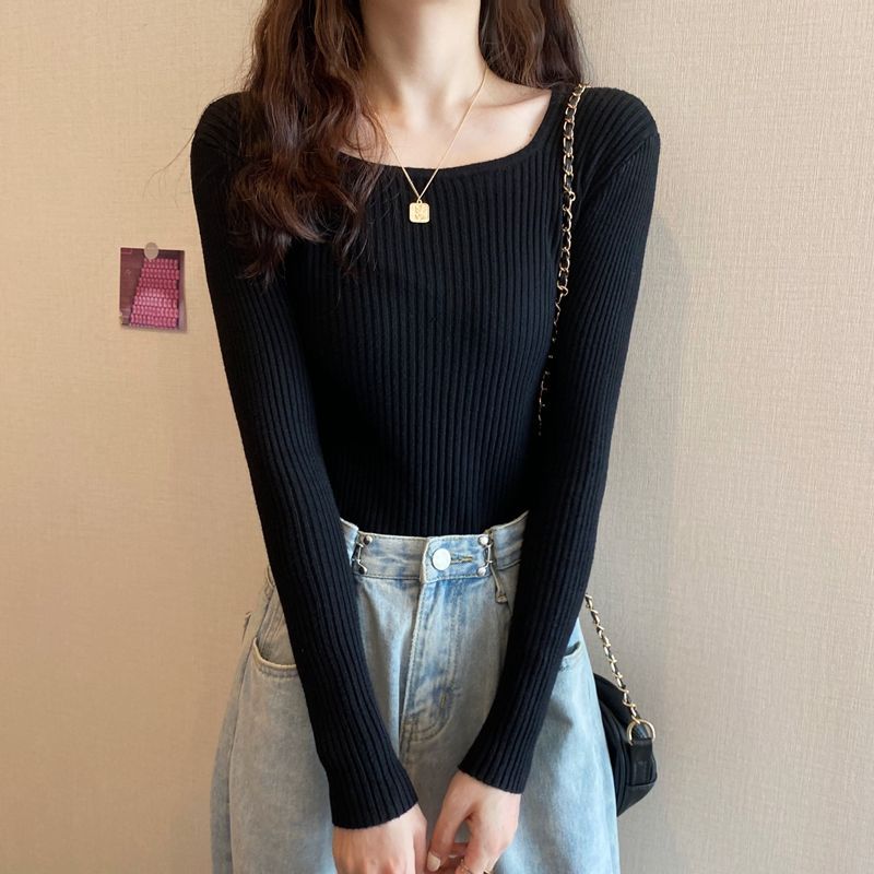 リブニット レディース スクエアネック 長袖 セーター 春 ニット 冬 きれいめ ストレッチ トップス シンプル 高伸縮 薄手 秋 インナー 着回し力 