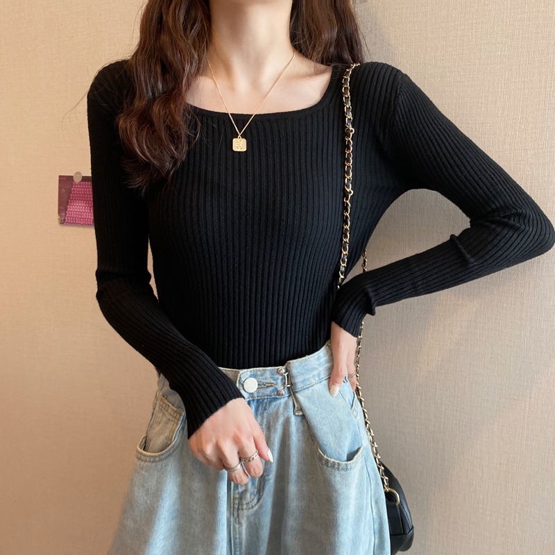 リブニット レディース スクエアネック 長袖 セーター 春 ニット 冬 きれいめ ストレッチ トップス シンプル 高伸縮 薄手 秋 インナー 着回し力 