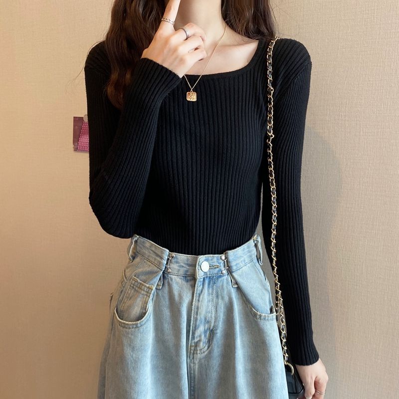 リブニット レディース スクエアネック 長袖 セーター 春 ニット 冬 きれいめ ストレッチ トップス シンプル 高伸縮 薄手 秋 インナー 着回し力 