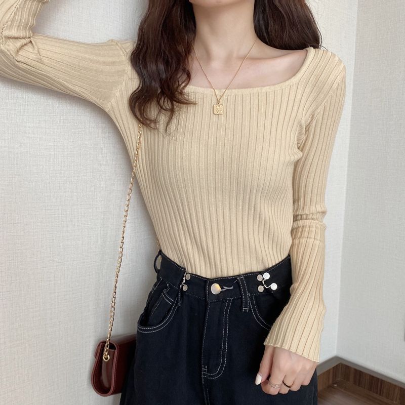 リブニット レディース スクエアネック 長袖 セーター 春 ニット 冬 きれいめ ストレッチ トップス シンプル 高伸縮 薄手 秋 インナー 着回し力 