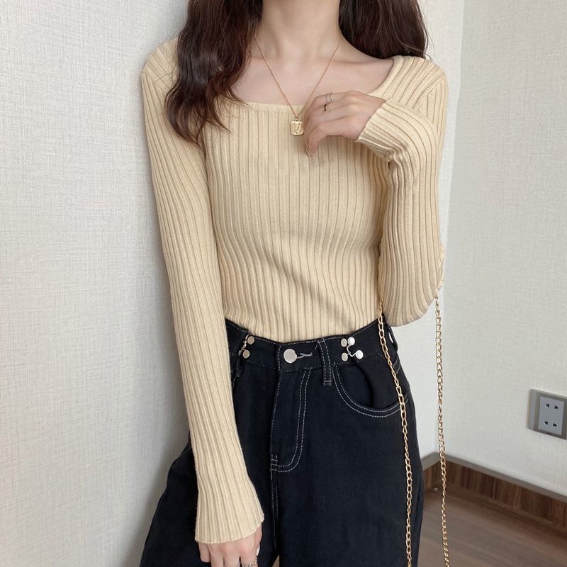 リブニット レディース スクエアネック 長袖 セーター 春 ニット 冬 きれいめ ストレッチ トップス シンプル 高伸縮 薄手 秋 インナー 着回し力 