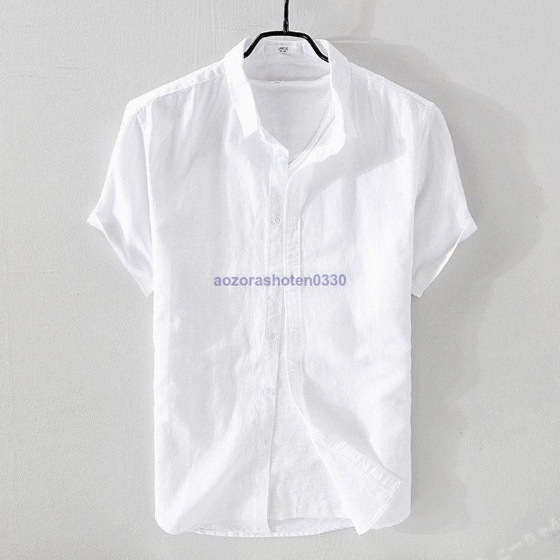 リネンシャツ メンズ 半袖 シャツ 無地 シンプル 通気 羽織り トップス 綿 麻 カジュアルシャツ 