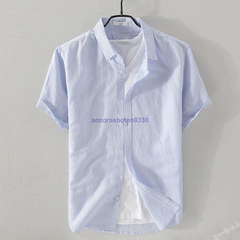 リネンシャツ メンズ 半袖 シャツ 無地 シンプル 通気 羽織り トップス 綿 麻 カジュアルシャツ 