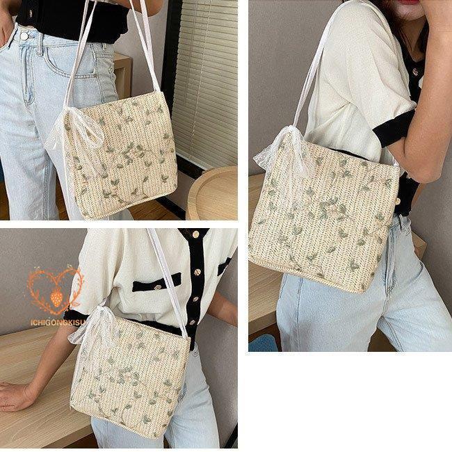 カゴバッグ ハンドバッグ ストローバッグ トートバッグ 夏バッグ 手持ち リボン かごバッグ レース 旅行 軽量 おしゃれ 大容量 フラワー 手提げ 草編み 可愛い 