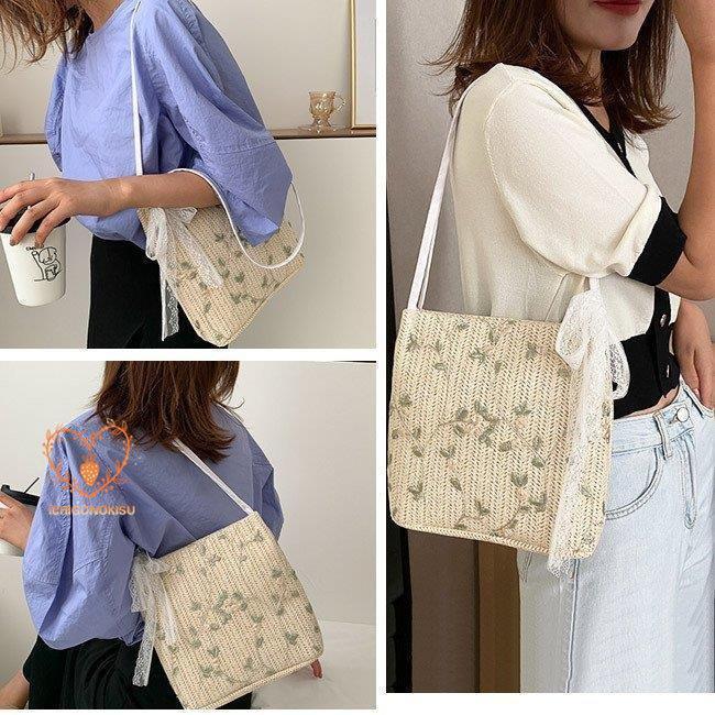 カゴバッグ ハンドバッグ ストローバッグ トートバッグ 夏バッグ 手持ち リボン かごバッグ レース 旅行 軽量 おしゃれ 大容量 フラワー 手提げ 草編み 可愛い 