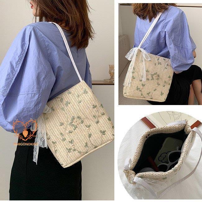 カゴバッグ ハンドバッグ ストローバッグ トートバッグ 夏バッグ 手持ち リボン かごバッグ レース 旅行 軽量 おしゃれ 大容量 フラワー 手提げ 草編み 可愛い 