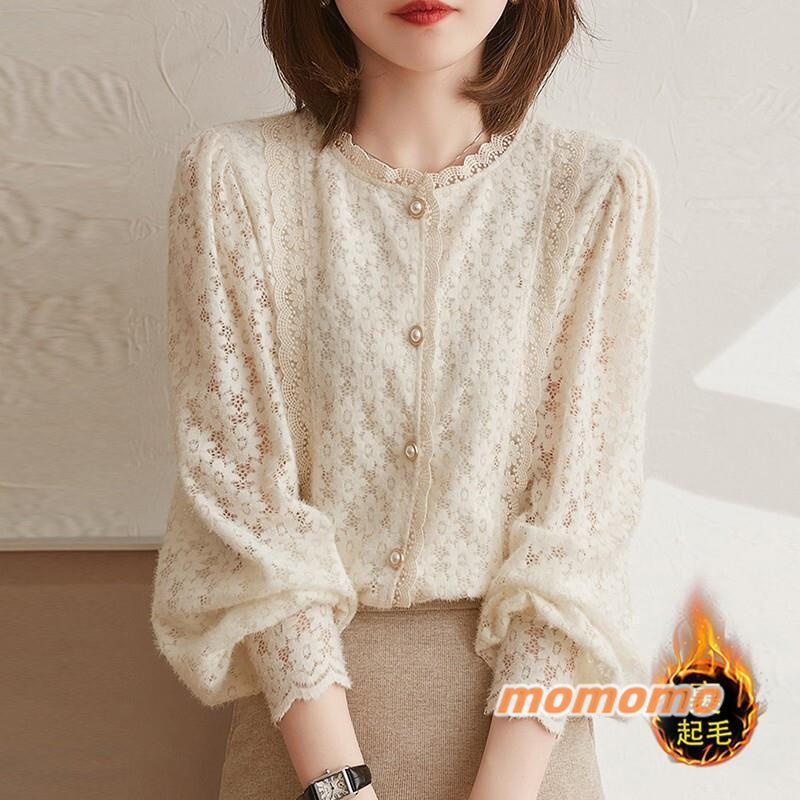 シャツ レディース カジュアルシャツ 長袖 裏起毛 レース イベント ゆったり ブラウス トップス おしゃれ 披露宴 可愛い カジュアル 無地 