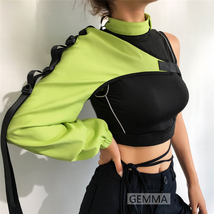 ダンストップス 片腕 ワンショルダー レディース ステージ衣装 ダンス衣装 グレー 舞台衣装 黒 イベント アームウォーマー トップス グリーン 