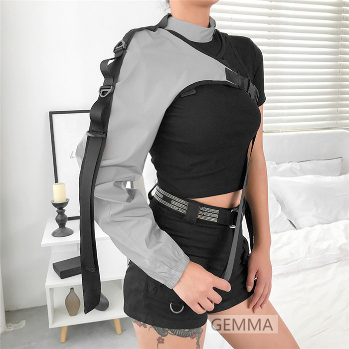 ダンストップス 片腕 ワンショルダー レディース ステージ衣装 ダンス衣装 グレー 舞台衣装 黒 イベント アームウォーマー トップス グリーン 