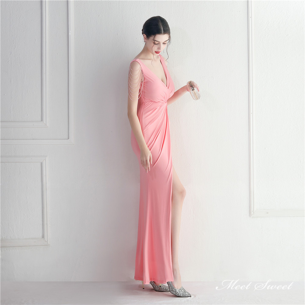 カラードレス マーメイドドレス パーティードレス スリット ビーズ Vネック イブニングドレス 発表会 ファスナー サテン 二次会 ウェディングドレス 結婚式 