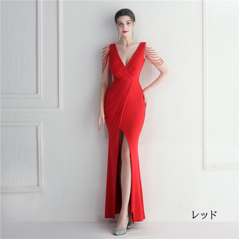 カラードレス マーメイドドレス パーティードレス スリット ビーズ Vネック イブニングドレス 発表会 ファスナー サテン 二次会 ウェディングドレス 結婚式 