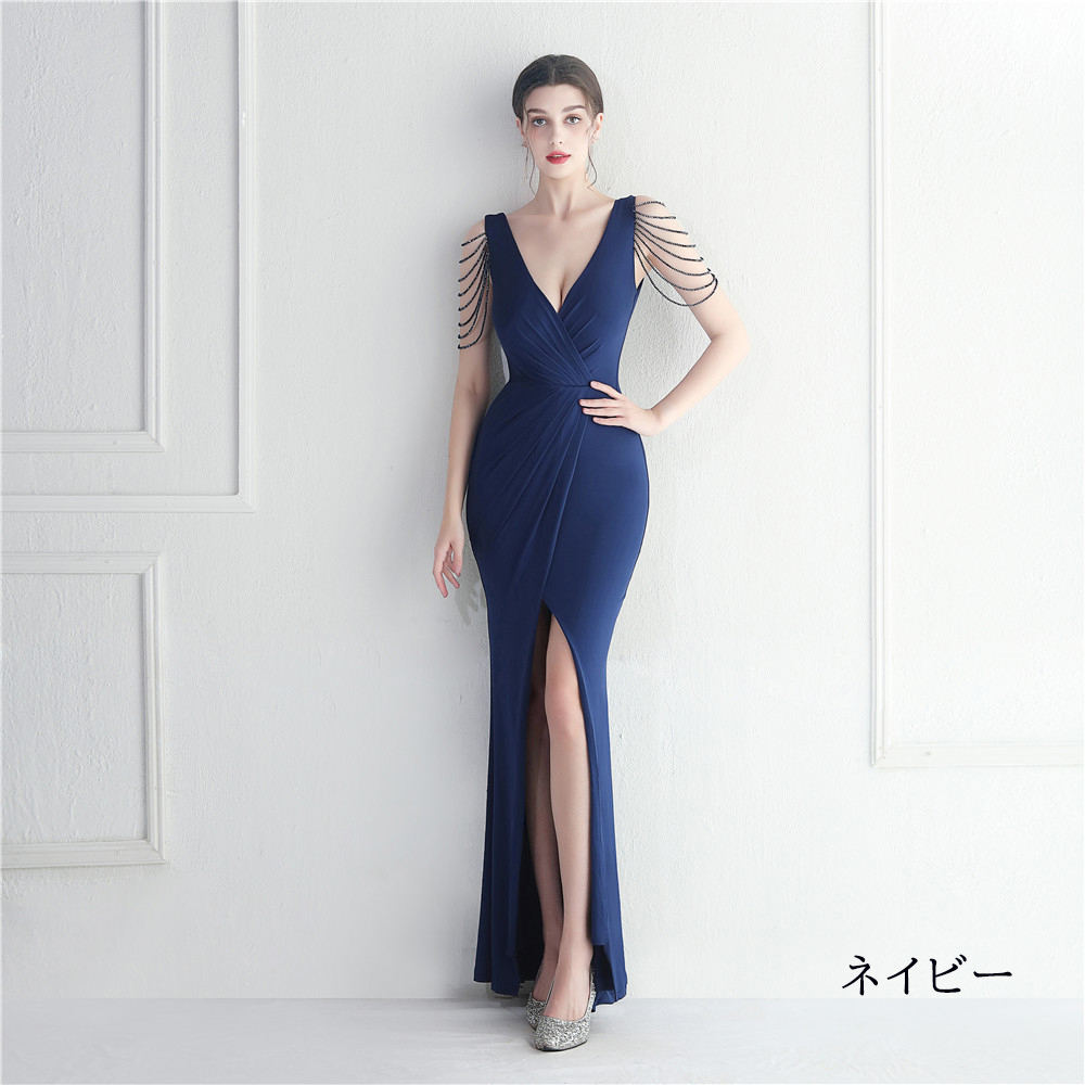 カラードレス マーメイドドレス パーティードレス スリット ビーズ Vネック イブニングドレス 発表会 ファスナー サテン 二次会 ウェディングドレス 結婚式 