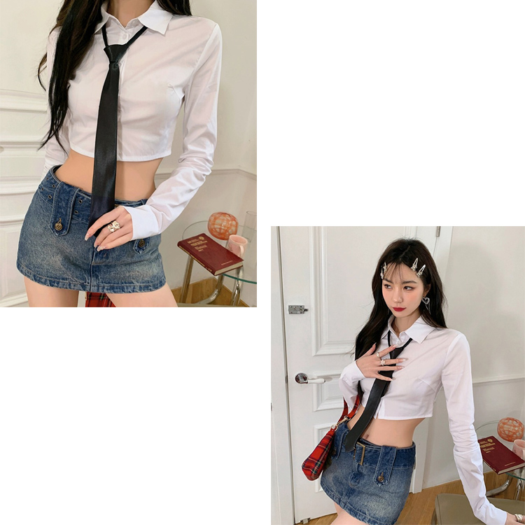 全品送料無料一部除く ネクタイ付き ショート丈 長袖シャツ MA  ミニ丈 レディース 韓国 おしゃれ プチプラ 