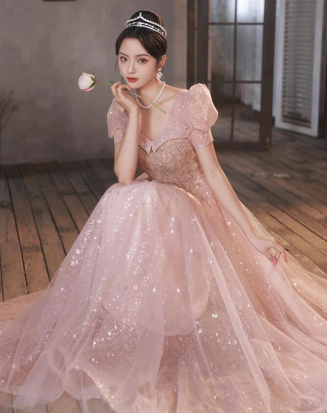 イブニングドレス ピンク キラキラドレス 結婚式ドレス 二次会ドレス パフスリーブ パール プリンセス風 ロングドレス 発表会ドレス パーティードレス 