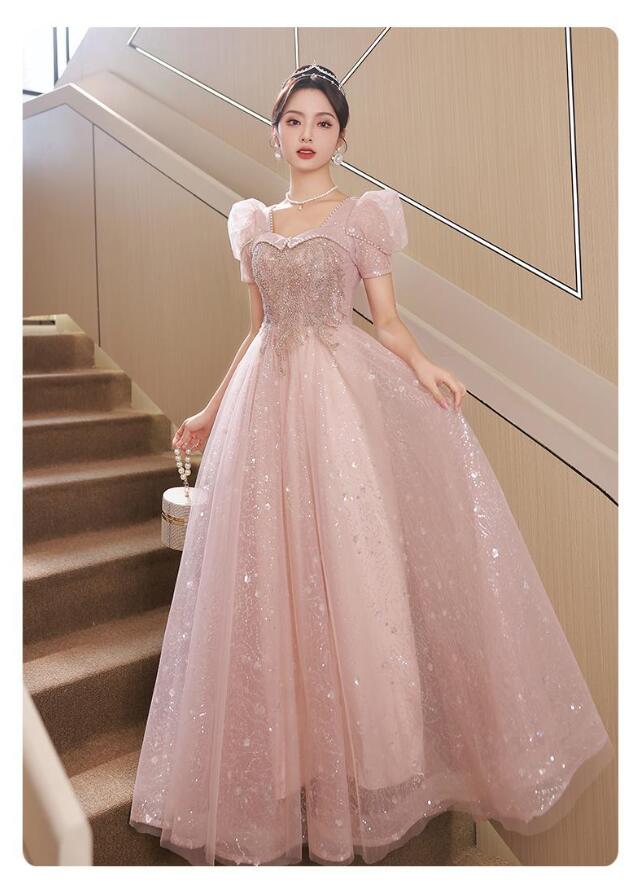 イブニングドレス ピンク キラキラドレス 結婚式ドレス 二次会ドレス パフスリーブ パール プリンセス風 ロングドレス 発表会ドレス パーティードレス 