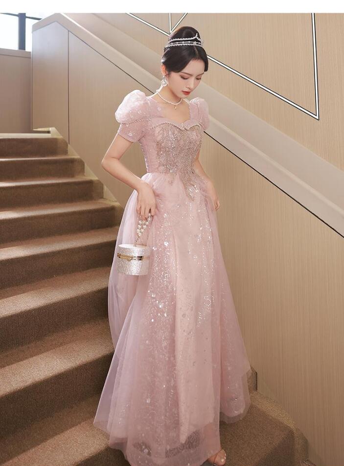 イブニングドレス ピンク キラキラドレス 結婚式ドレス 二次会ドレス パフスリーブ パール プリンセス風 ロングドレス 発表会ドレス パーティードレス 
