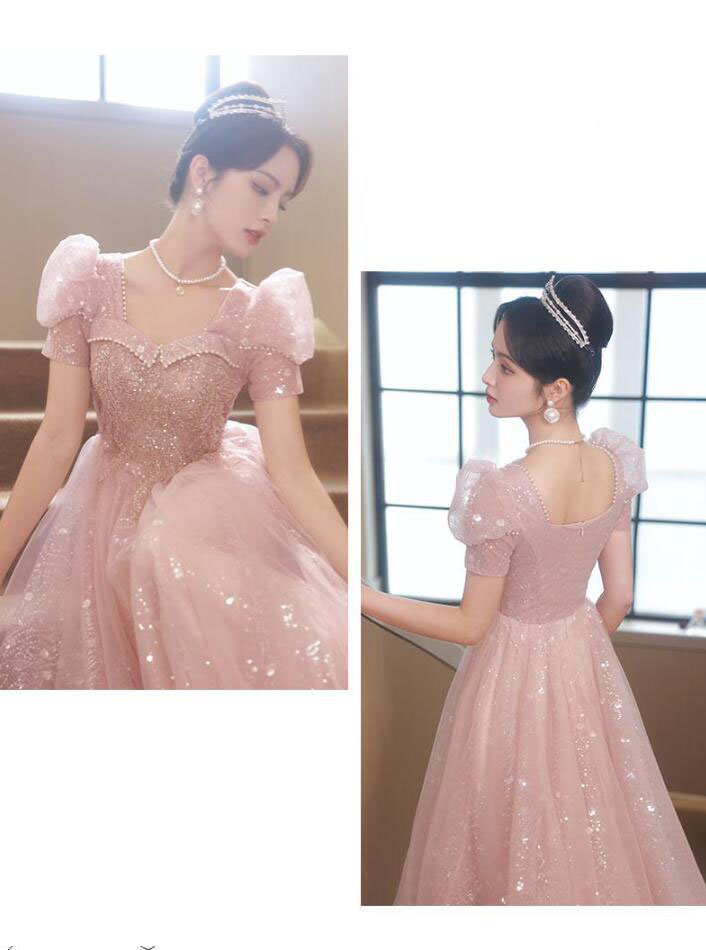 イブニングドレス ピンク キラキラドレス 結婚式ドレス 二次会ドレス パフスリーブ パール プリンセス風 ロングドレス 発表会ドレス パーティードレス 