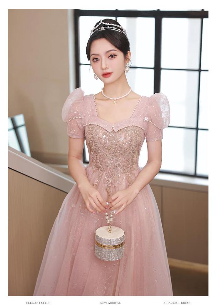 イブニングドレス ピンク キラキラドレス 結婚式ドレス 二次会ドレス パフスリーブ パール プリンセス風 ロングドレス 発表会ドレス パーティードレス 