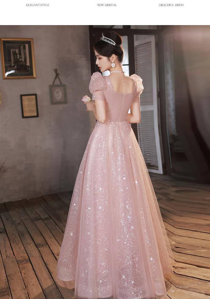 イブニングドレス ピンク キラキラドレス 結婚式ドレス 二次会ドレス パフスリーブ パール プリンセス風 ロングドレス 発表会ドレス パーティードレス 