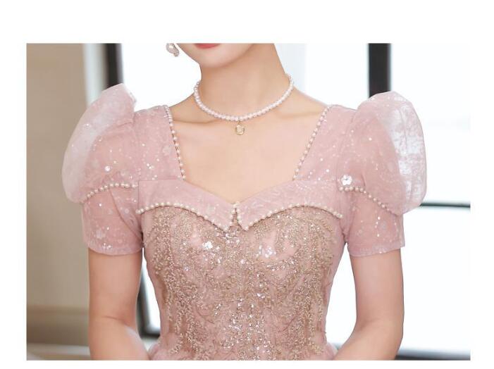 イブニングドレス ピンク キラキラドレス 結婚式ドレス 二次会ドレス パフスリーブ パール プリンセス風 ロングドレス 発表会ドレス パーティードレス 