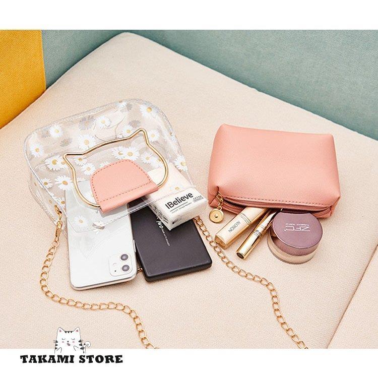 クリアバッグ 菊柄透明バッグ ストローポーチ付 トートバッグ ハンドバッグ 肩がけバッグ ショルダーバッグ ビニールバッグ 大容量防水 かごバッグ 