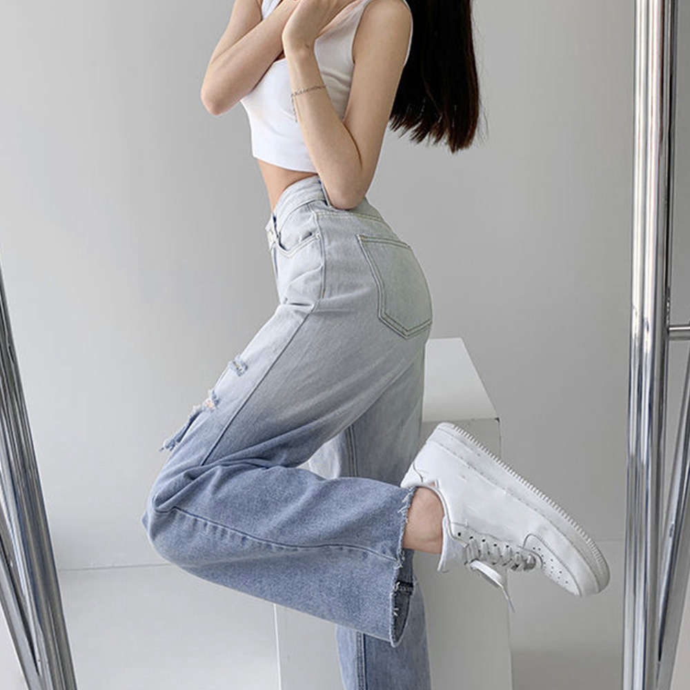 ダメージ デニムパンツ ハイウエスト韓国 。可  